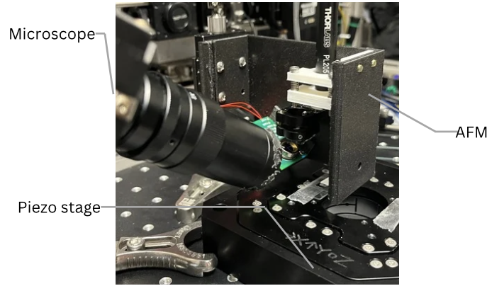 AFM setup on optical table with microscope and piezo stage